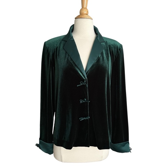 COLDWATER CREEK Dark Green Velvet & Satin Jacket Bows Whimsical Elevated Chic 12 - Picture 1 of 12